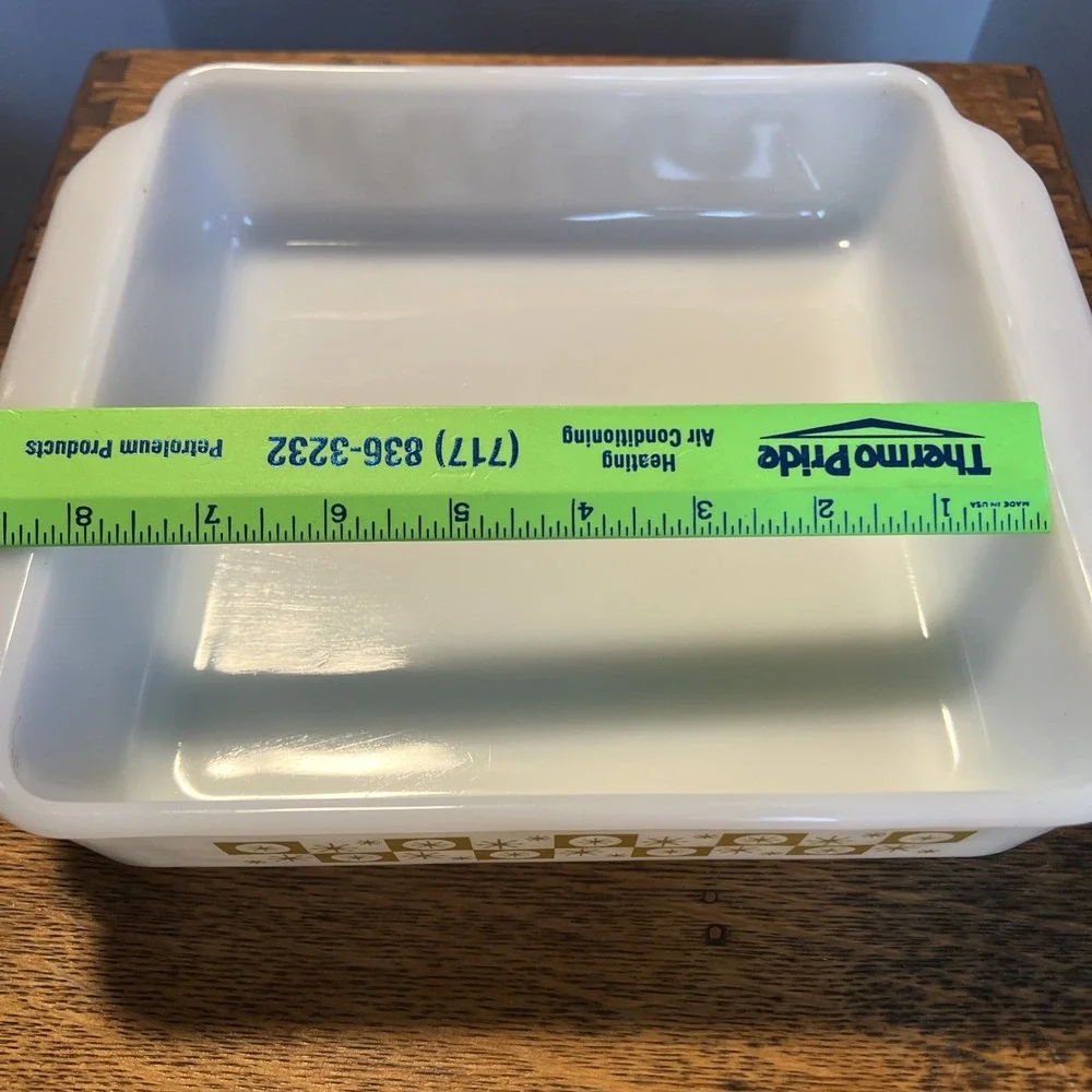 Vtg Fire King Gold Atomic Starburst Milk Glass Casserole Dish Square MCM 8in
